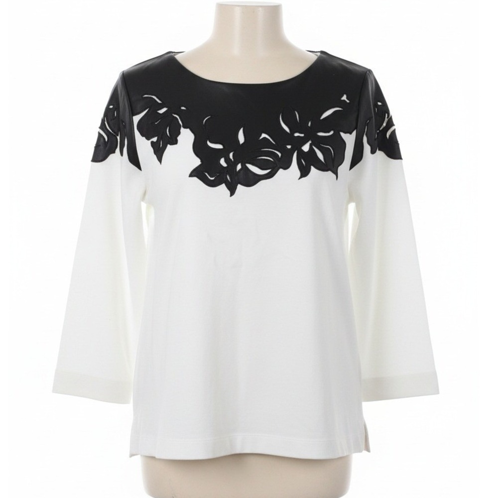 Chico's 1 White Black Faux Leather Neckline Floral 3/4 Sleeve Boat Neck Top M